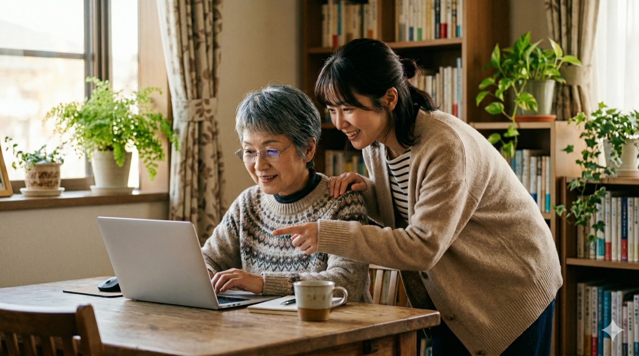 母と娘がリビングのテーブルでノート PC を一緒に操作している様子